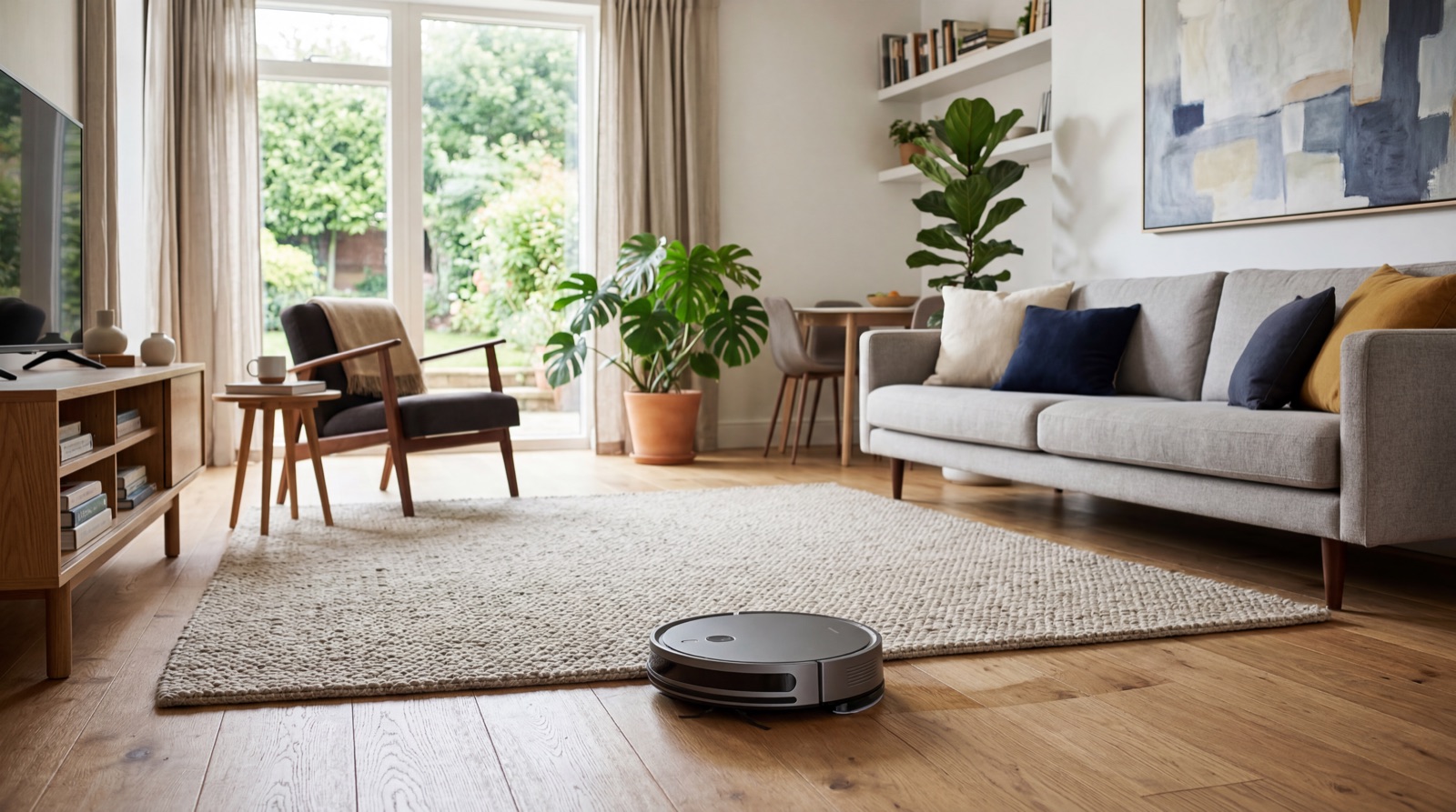 A modern home robot in a living room.
