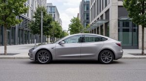A mid‑size electric sedan in a clean urban setting.