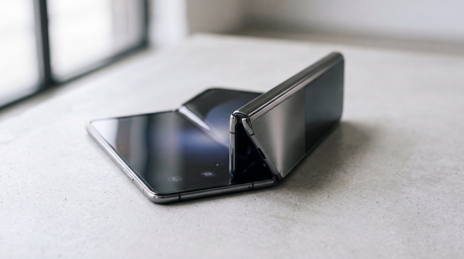 A slim foldable smartphone sits half-folded on a clean studio surface, highlighting its thin profile.