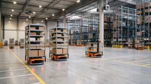 Warehouse robots operating among shelves in a fulfillment center.