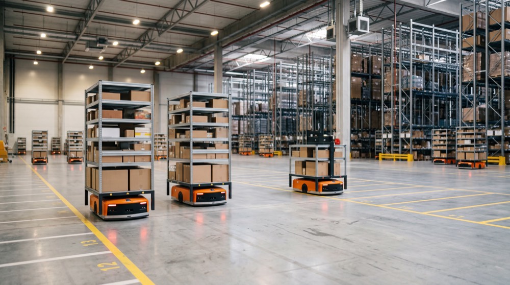 Warehouse robots operating among shelves in a fulfillment center.