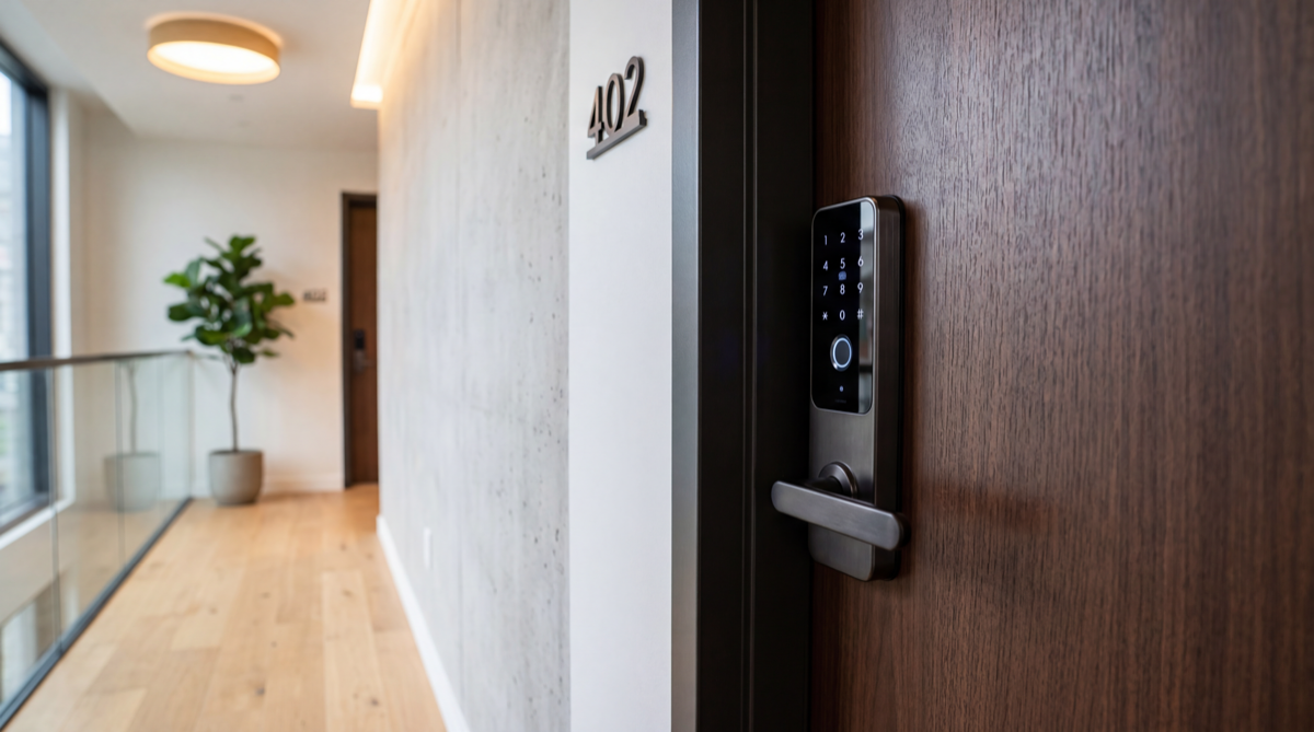 A sleek smart lock on a modern apartment door.
