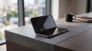 A foldable smartphone half-open on a minimalist desk.