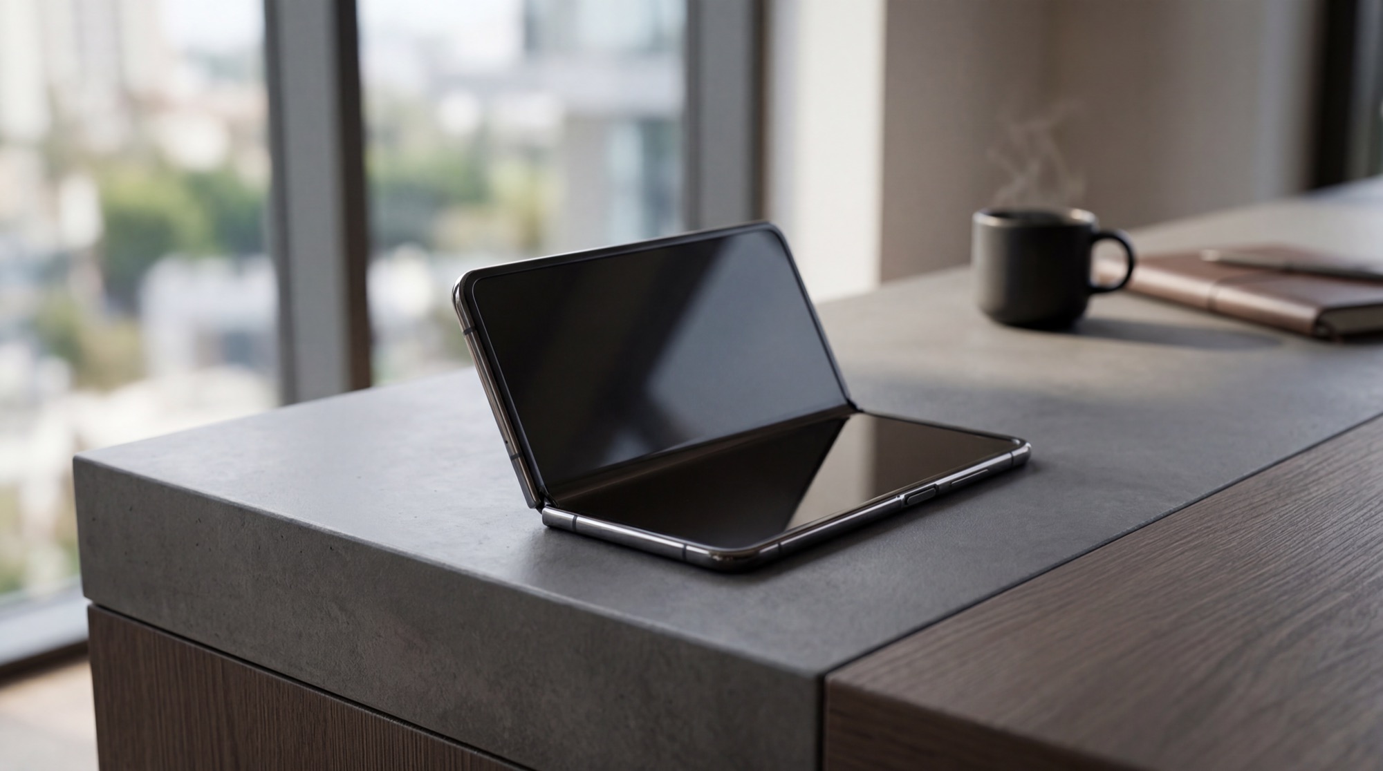 A foldable smartphone half-open on a minimalist desk.