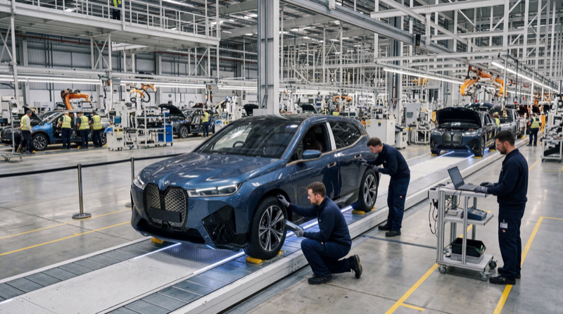 Engineers inspect a premium electric SUV on a modern factory line.