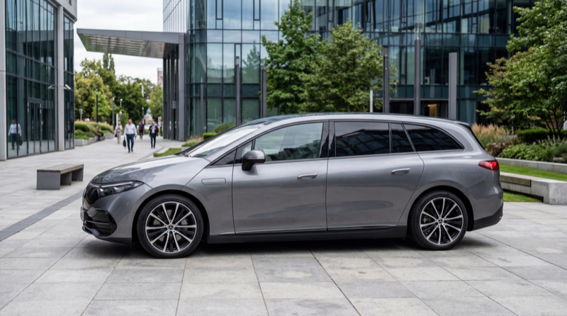 A premium electric MPV in a clean showroom setting.