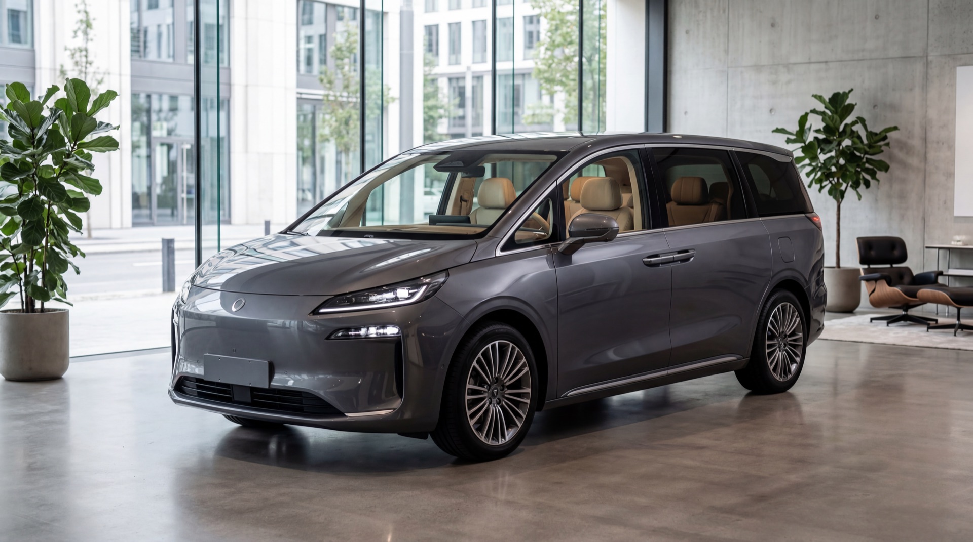 A premium electric MPV displayed in a modern showroom.