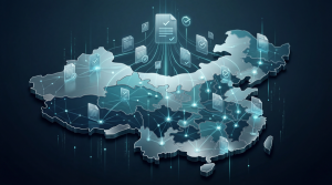 Abstract map of China with data nodes and compliance checkmarks representing generative AI filing oversight