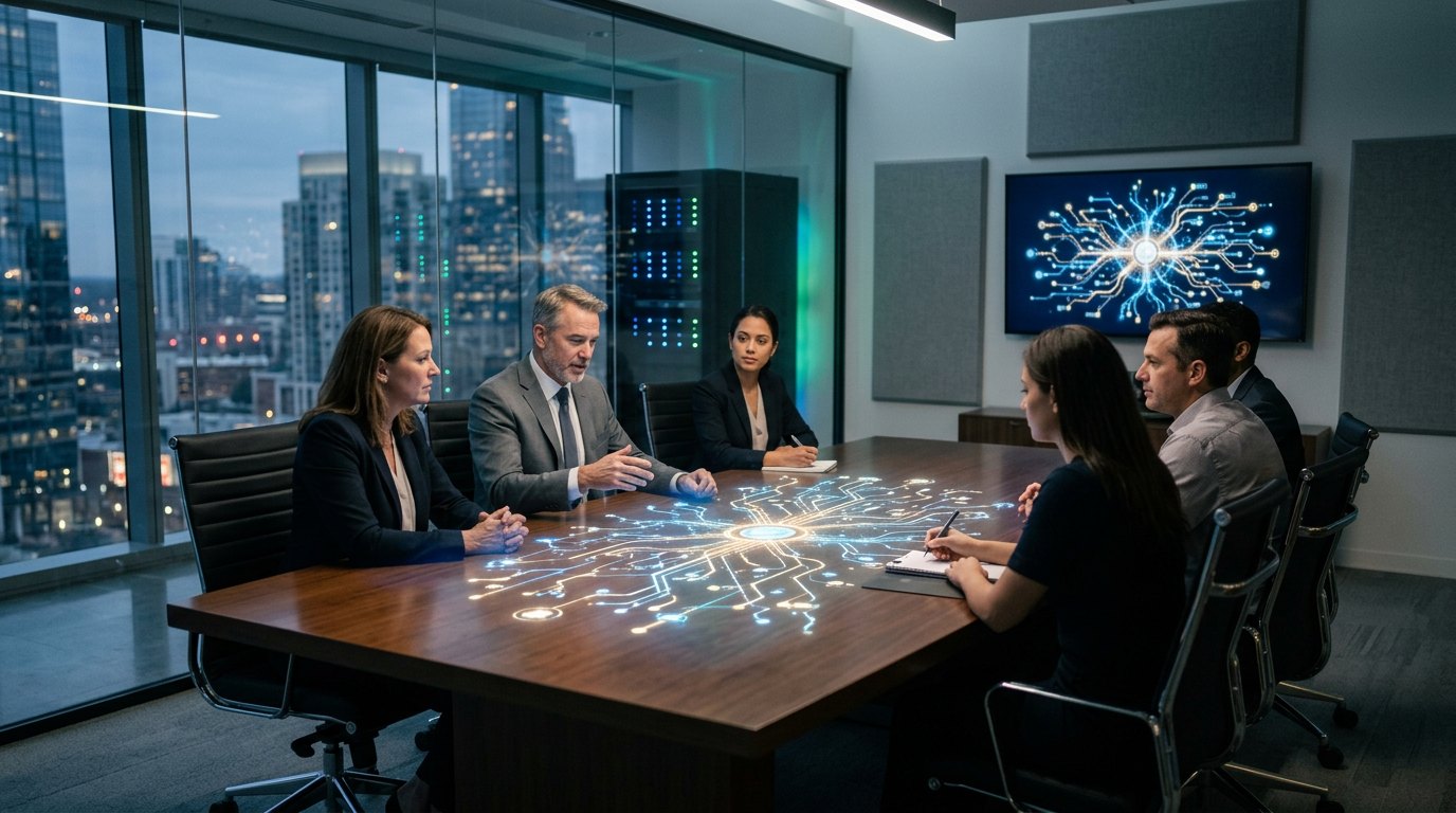 Engineers and executives review foundation-model strategy and infrastructure dashboards in a modern AI operations room.