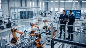 Engineers in a modern industrial park review AI‑enabled manufacturing systems and dashboards.