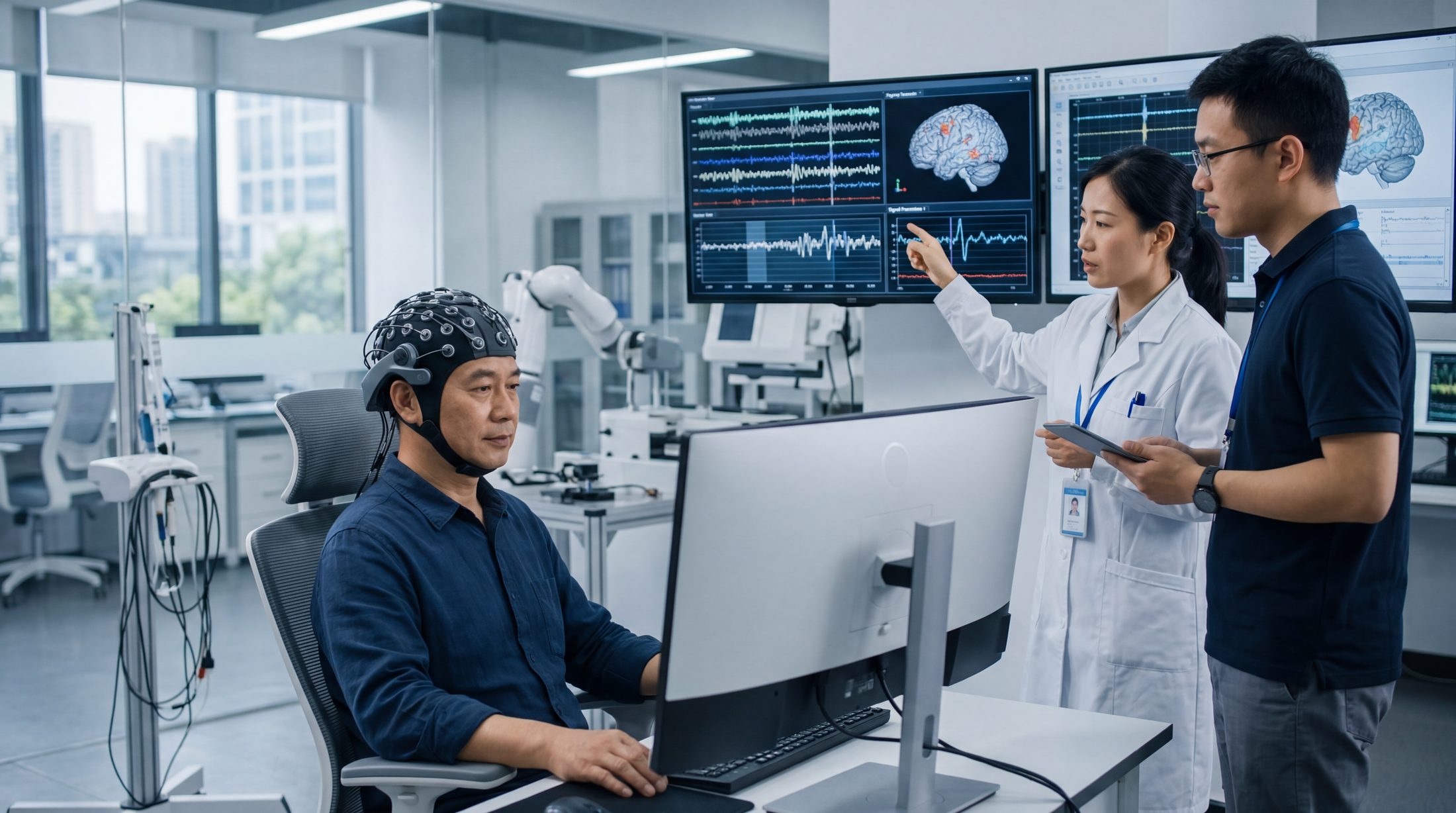A clinician monitors a brain-computer interface system in a modern neurotechnology lab.
