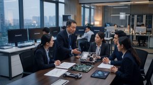 Editorial illustration of semiconductor supply-chain risk linked to automotive electronics