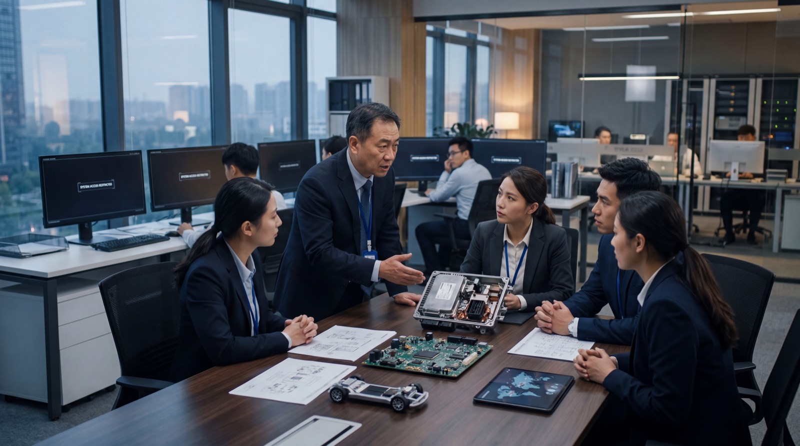 Editorial illustration of semiconductor supply-chain risk linked to automotive electronics