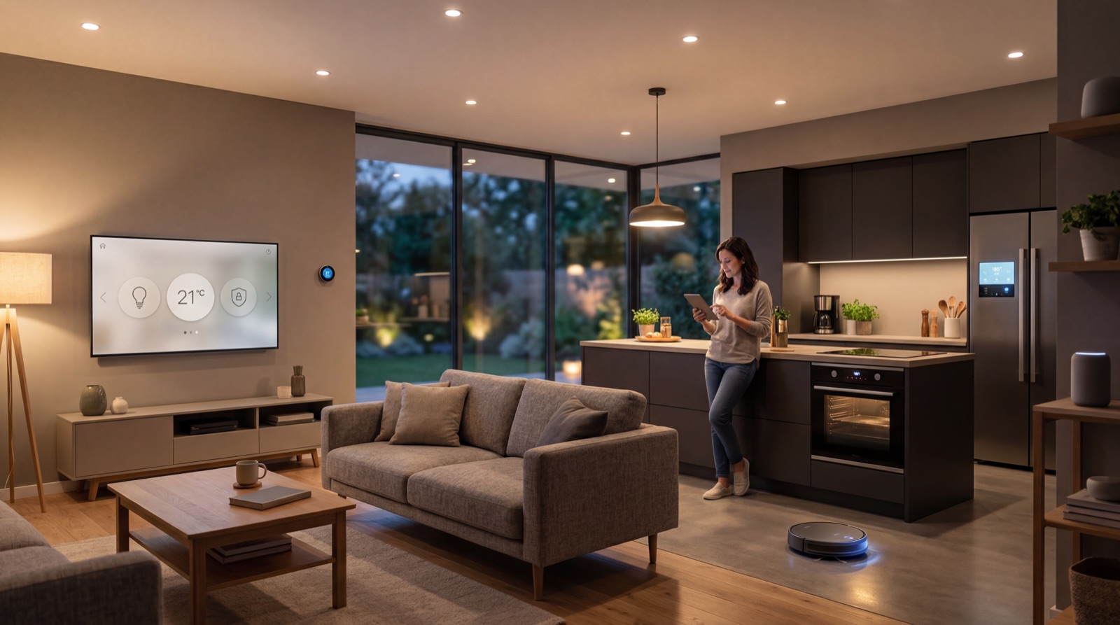 A modern smart-home living room with connected appliances.