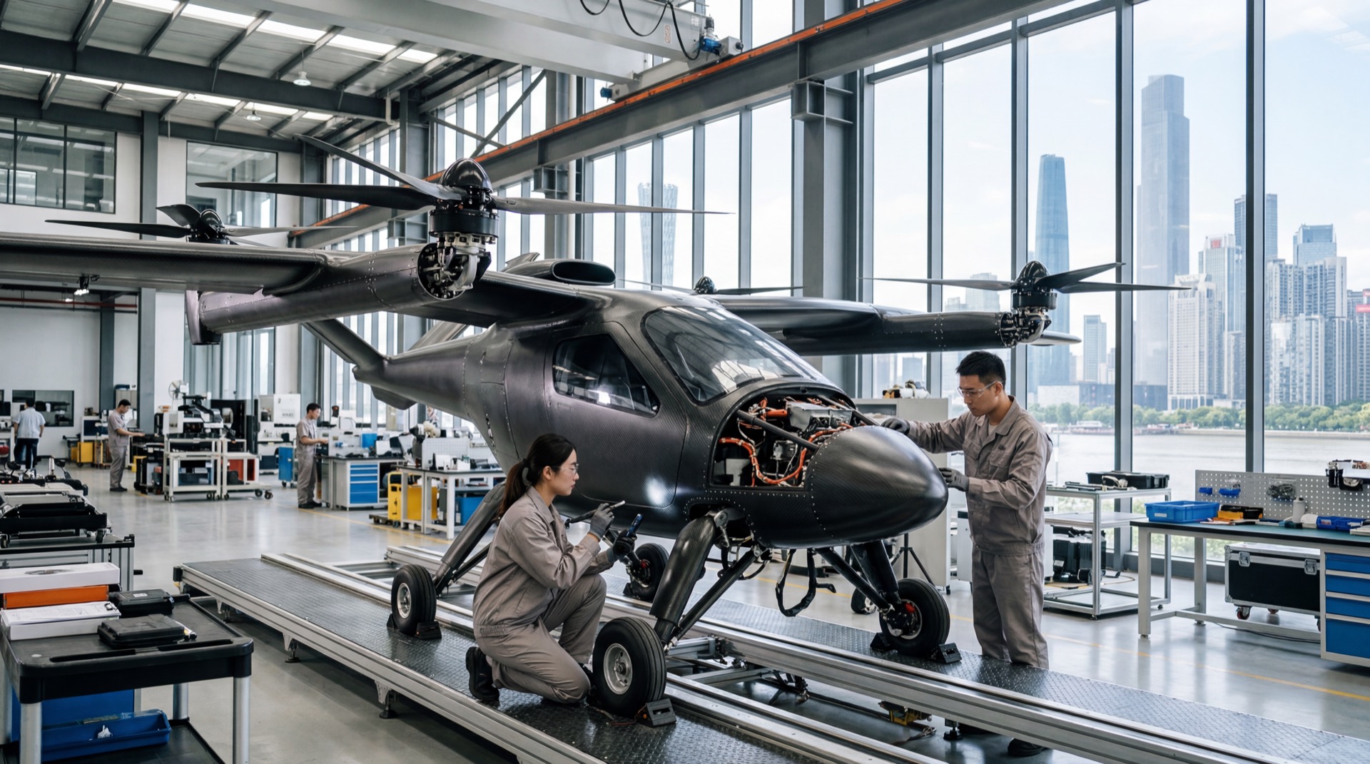 Engineers inspect a flying-car prototype on an assembly line inside an advanced mobility factory in Guangzhou.