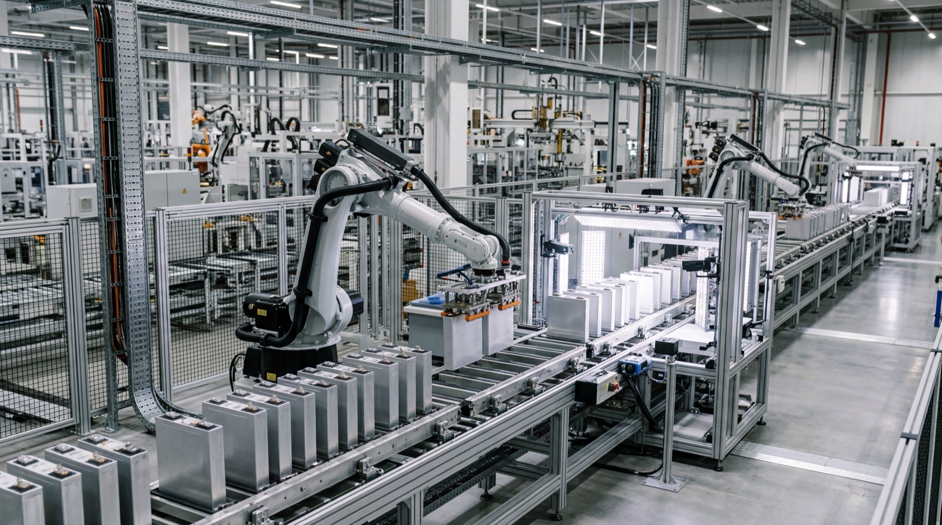Large-format EV battery cells move through an automated production line in a modern battery manufacturing facility.