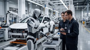 A humanoid robot performs a fastening task on an EV assembly line inside a modern factory.