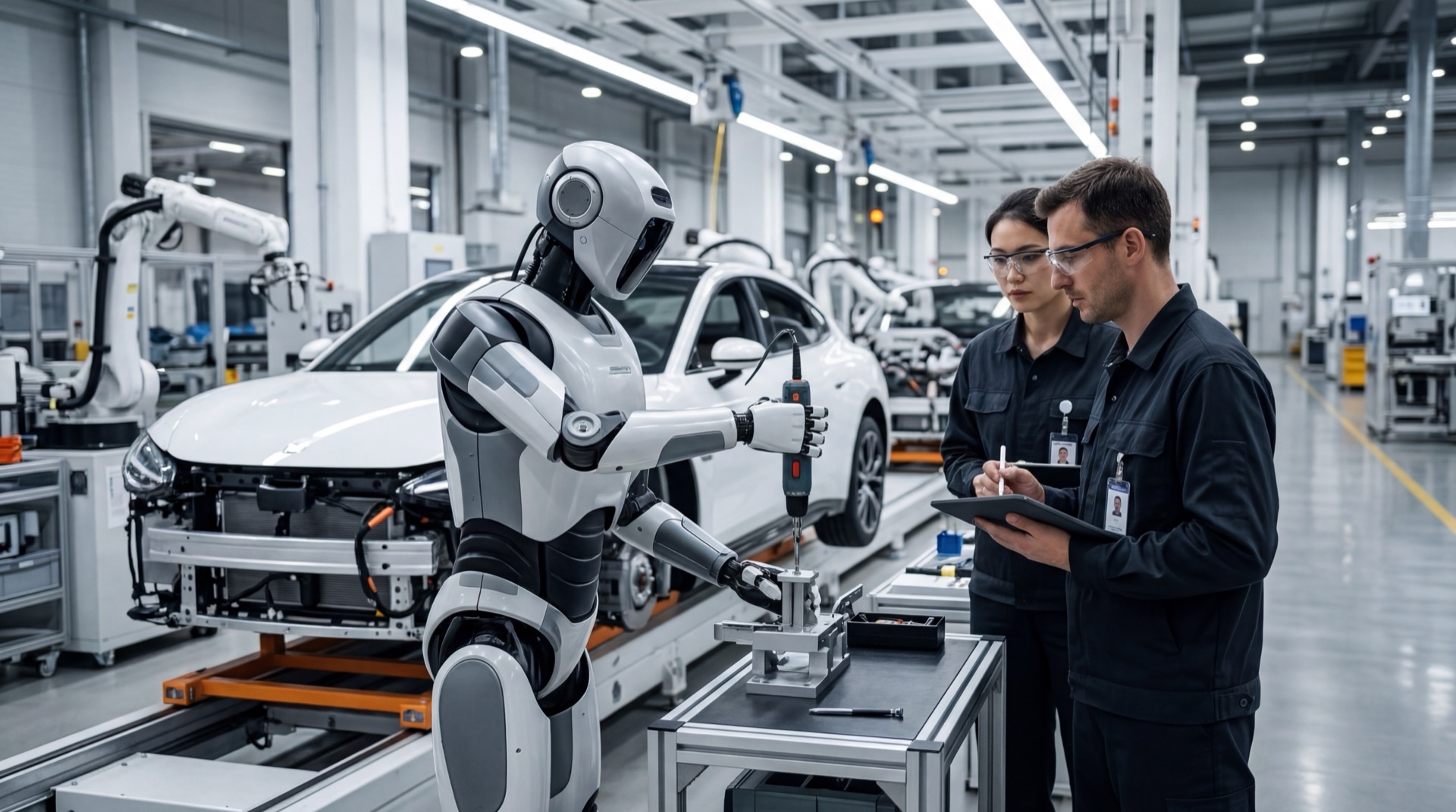 A humanoid robot performs a fastening task on an EV assembly line inside a modern factory.