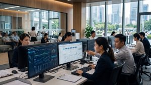 Public-service staff in a Shenzhen government office review AI-assisted permit and citizen-service workflows on secure computer terminals.