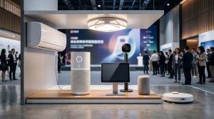 Connected smart-home devices are displayed at a modern product event venue with stage lighting and a clean presentation setup.