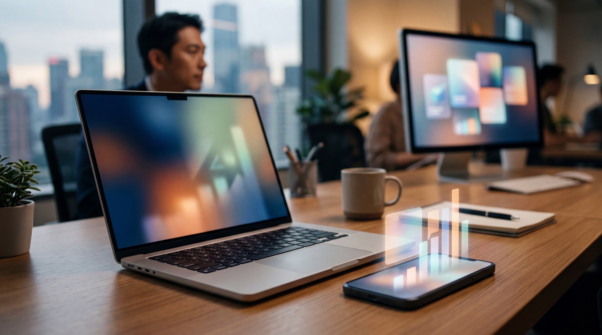 A laptop and smartphone sit beside analytics dashboards that suggest rising subscriptions and payment activity for a consumer AI app.