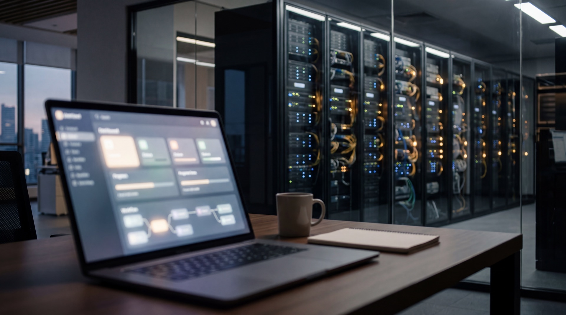 A laptop and cloud deployment dashboard sit in front of illuminated server racks, suggesting AI-agent setup on a cloud platform.