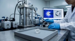 A polished synthesized crystal sample sits beside screens showing diffraction and microscopy data in a materials-science laboratory.