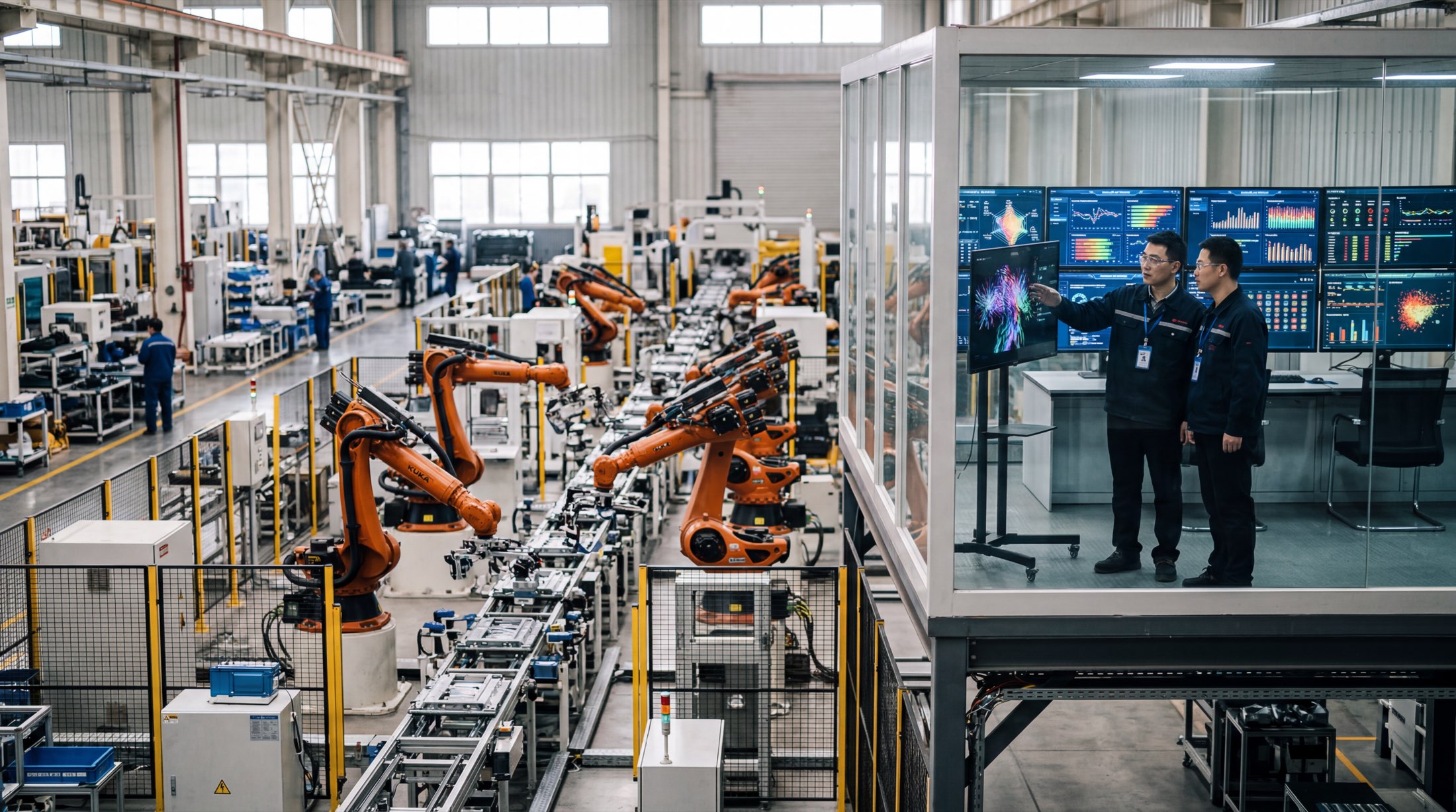 Engineers monitor AI-assisted production dashboards inside a modern automated factory in China.