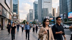 People in an urban China setting wear modern AI glasses, suggesting the category is moving from niche gadget to broader consumer market.