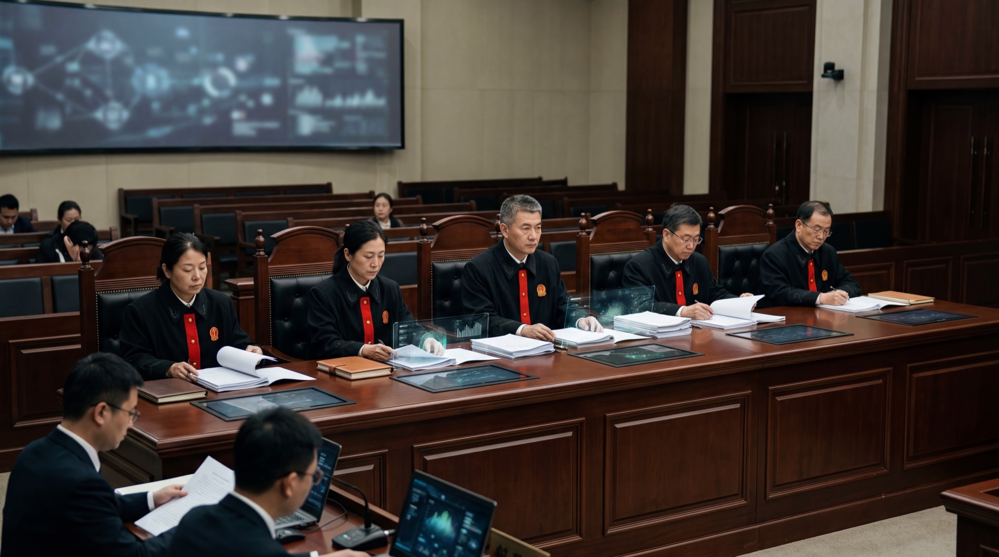 A formal Chinese court setting with legal documents and subtle technology cues, suggesting debate over AI responsibility and regulation.