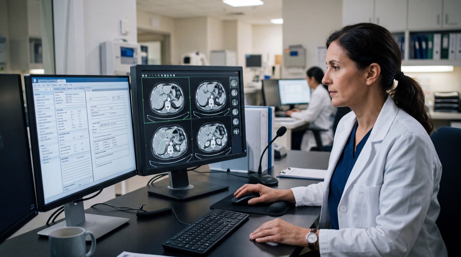 A hospital imaging workstation showing CT scans and clinical data, suggesting AI-assisted liver risk screening in a real medical setting.