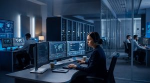 A cybersecurity operations center with server racks.