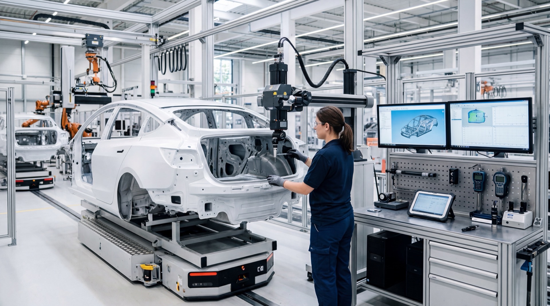 An automotive quality-inspection station in a modern EV manufacturing plant.