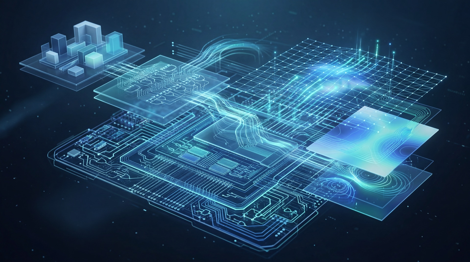 Abstract AI chip design circuits with simulation grid overlays.
