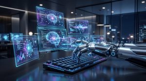 Futuristic AI agent automating software workflows on computer screens