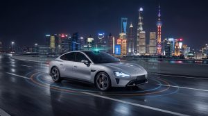 Illustration of a Xiaomi-style electric sedan with roof-mounted LiDAR in a Shanghai cityscape