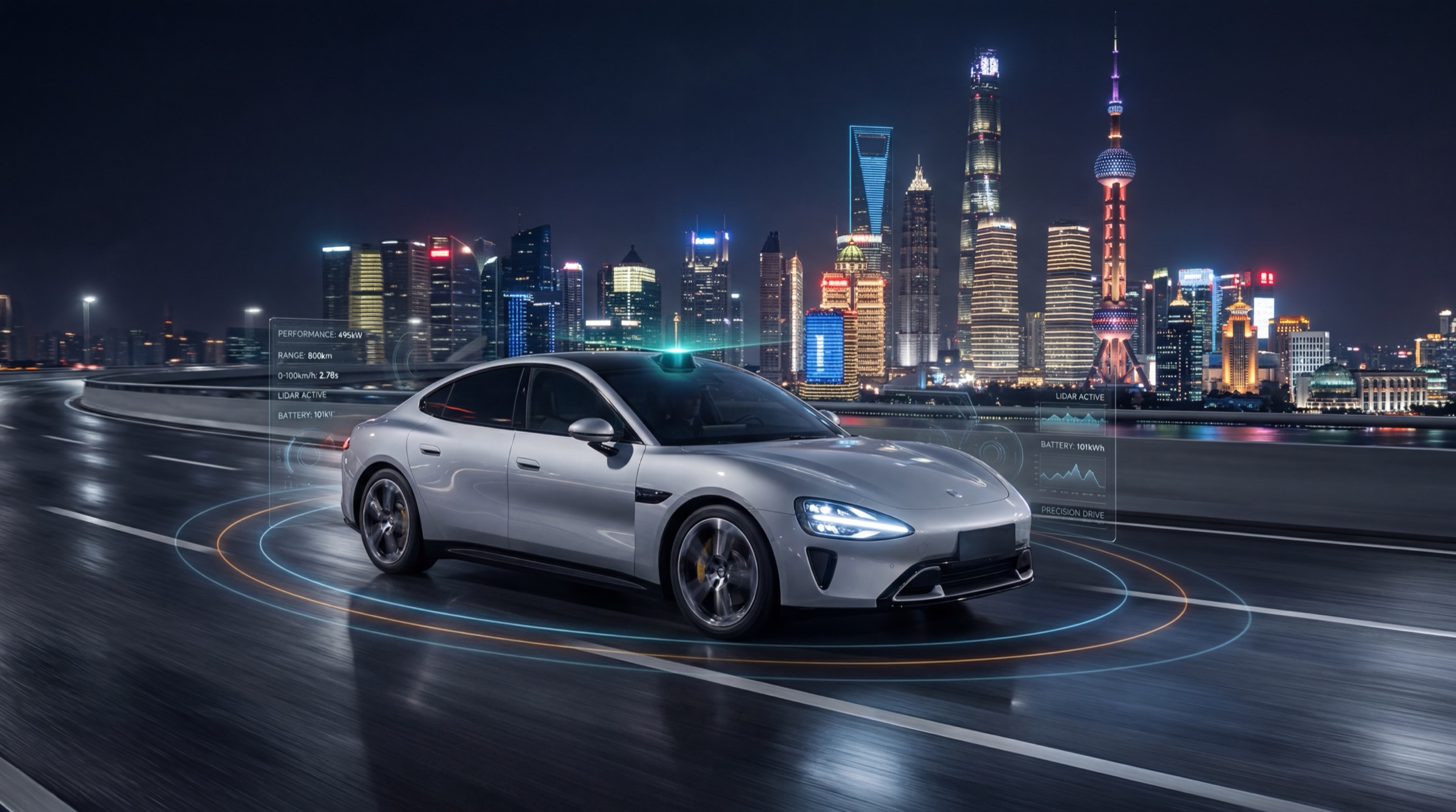 Illustration of a Xiaomi-style electric sedan with roof-mounted LiDAR in a Shanghai cityscape