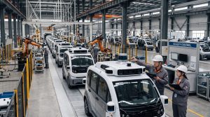 Engineers inspect purpose-built robotaxi vehicles on a production line inside a modern factory, suggesting large-scale autonomous mobility manufacturing.