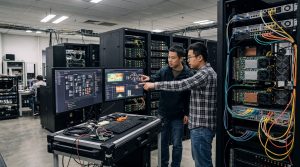 Engineers review deployment logs and accelerator hardware in a modern compute lab, suggesting AI model porting and optimization work on domestic infrastructure.