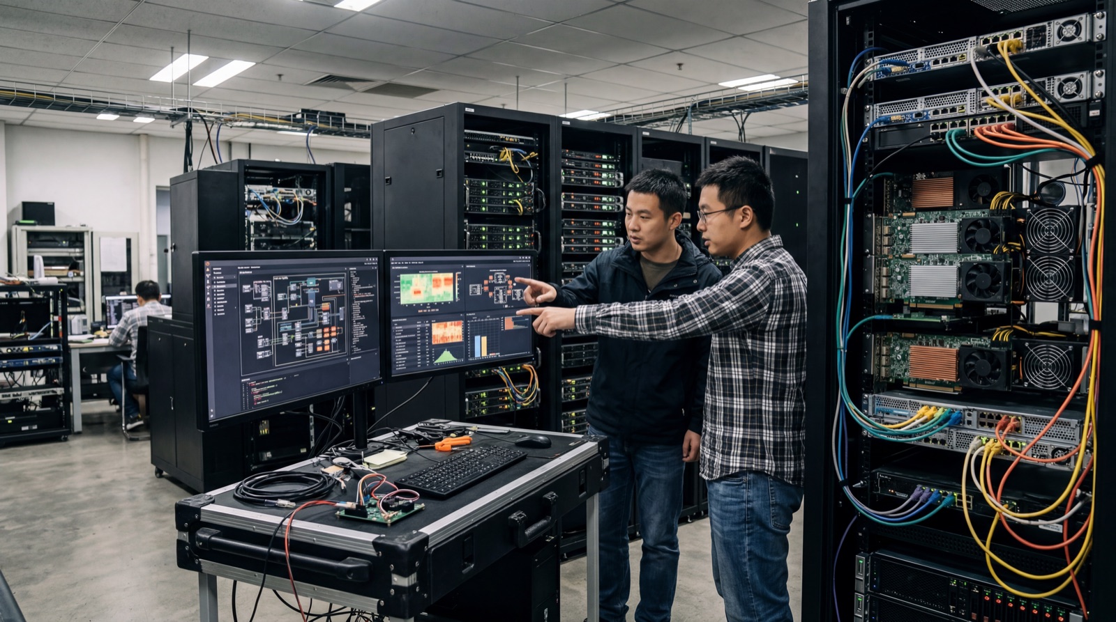 Engineers review deployment logs and accelerator hardware in a modern compute lab, suggesting AI model porting and optimization work on domestic infrastructure.