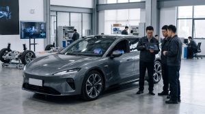 A sleek premium shooting-brake vehicle is shown in a studio while engineers review lidar and cockpit systems nearby.