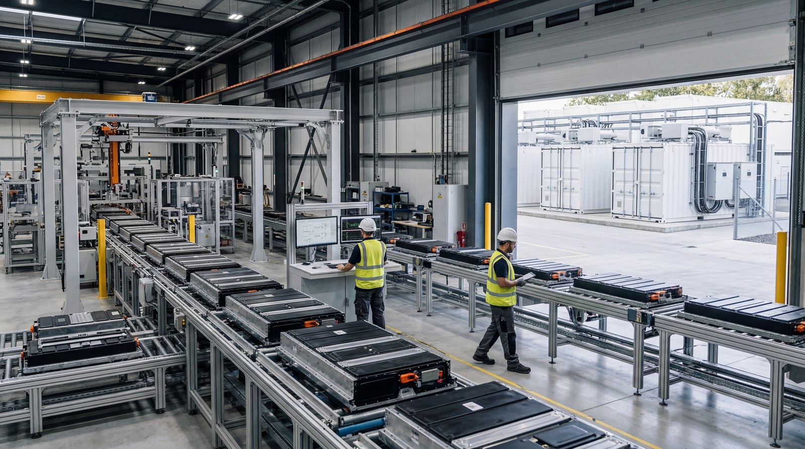Engineers monitor battery production in a modern factory with large energy-storage units visible in the background.