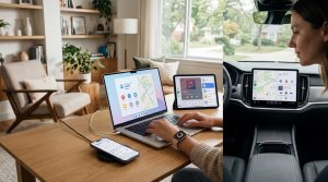 A connected AI assistant experience appears across a phone, tablet, laptop, smartwatch, and car display in a realistic multi-device setup.