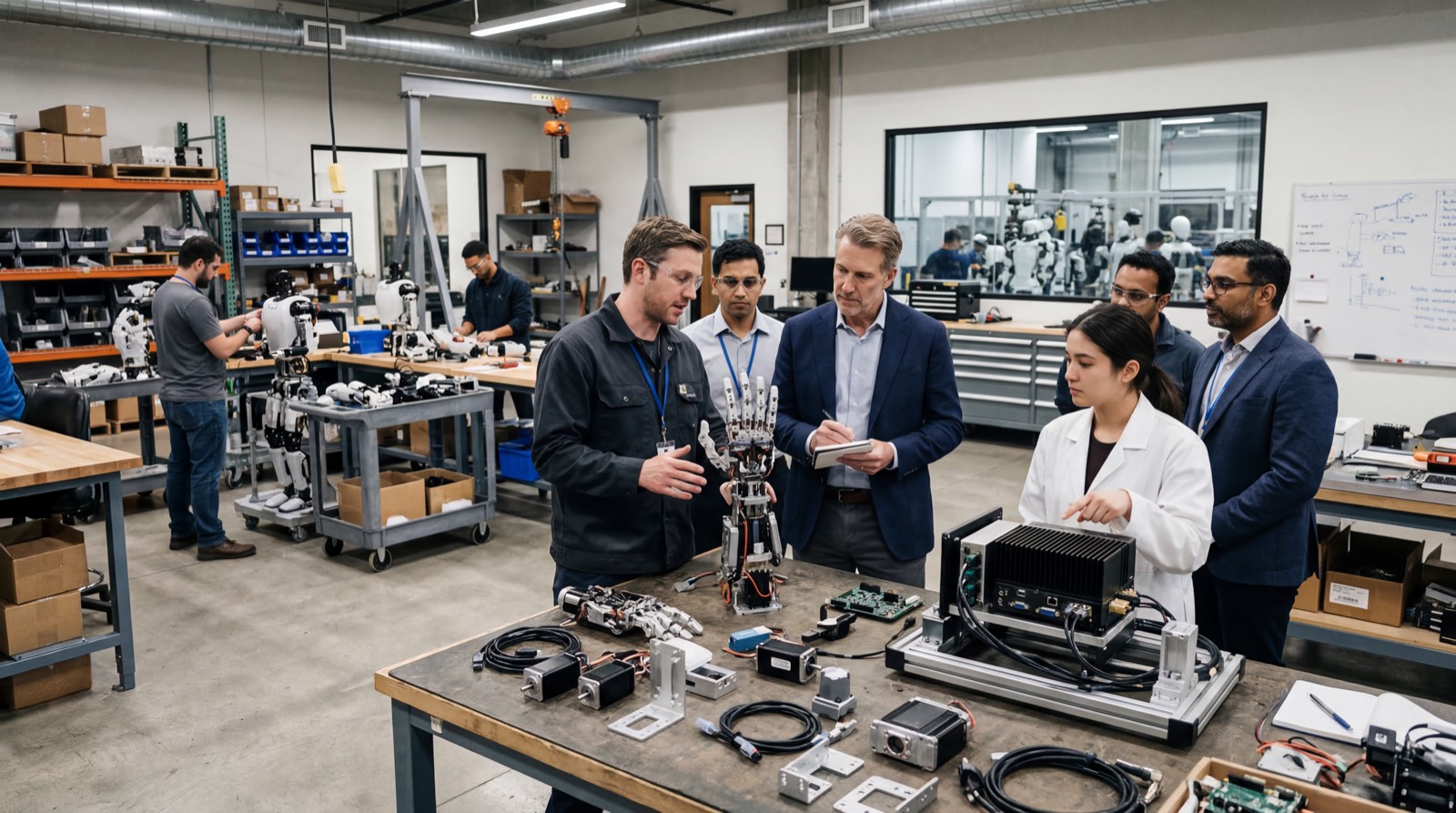 Engineers and investors review robot components and AI hardware in a modern embodied-AI lab and manufacturing setting.
