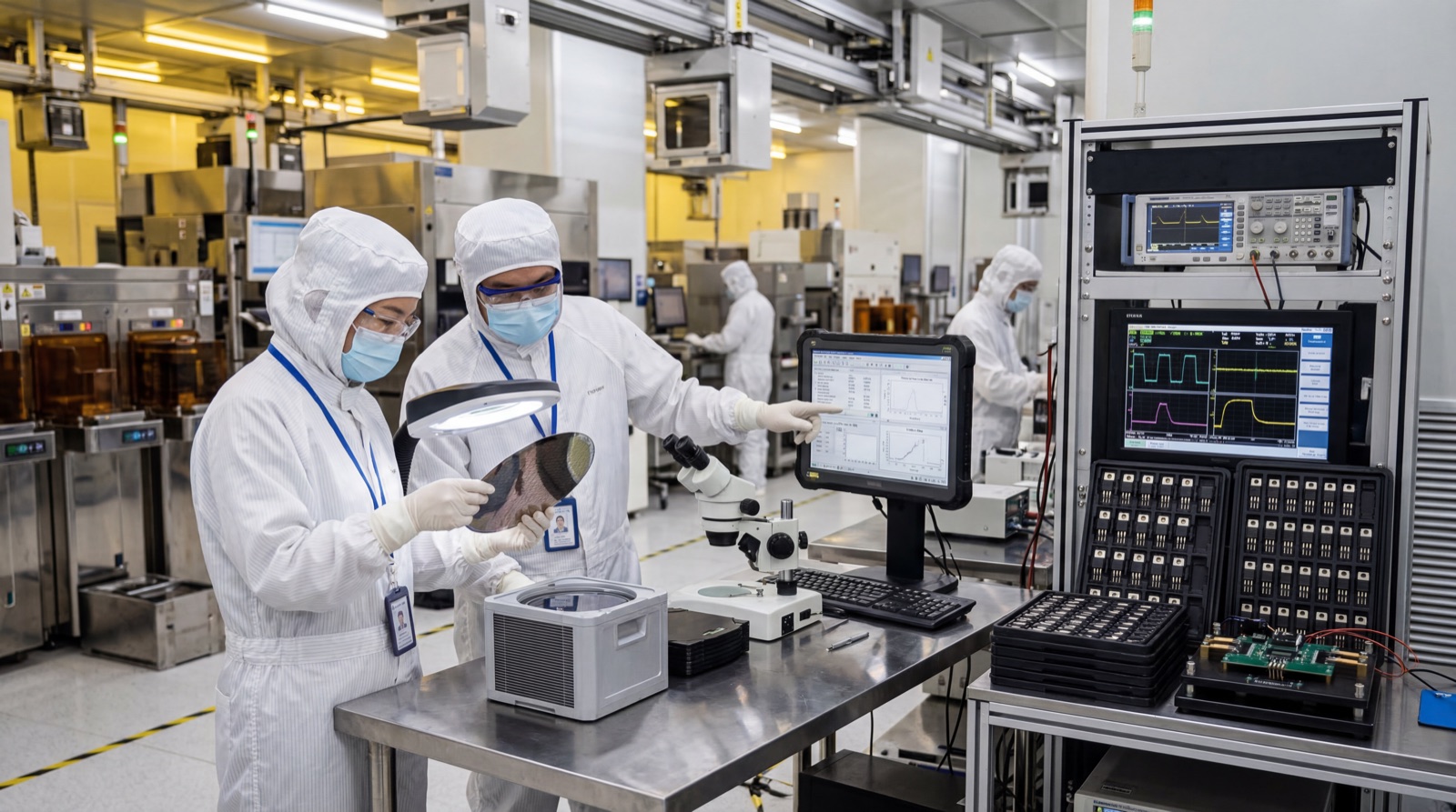 Engineers review 12-inch wafers and automotive-electronics test data inside a modern semiconductor manufacturing facility.
