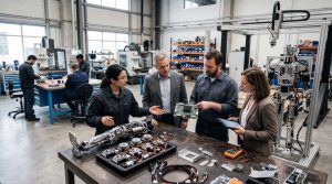 Engineers and investors review humanoid-robot components and AI hardware in a modern robotics lab.