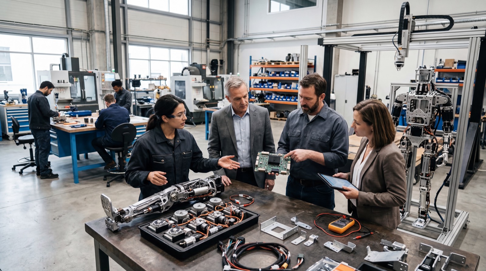 Engineers and investors review humanoid-robot components and AI hardware in a modern robotics lab.