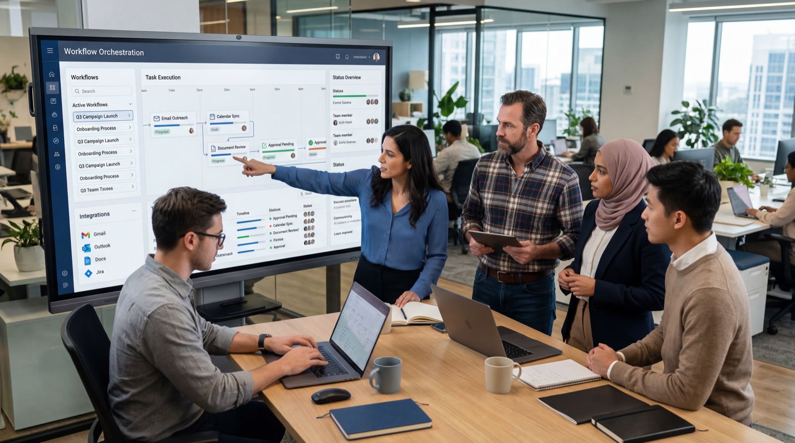 A modern office team uses an AI agent dashboard to coordinate tasks and workflows across tools.